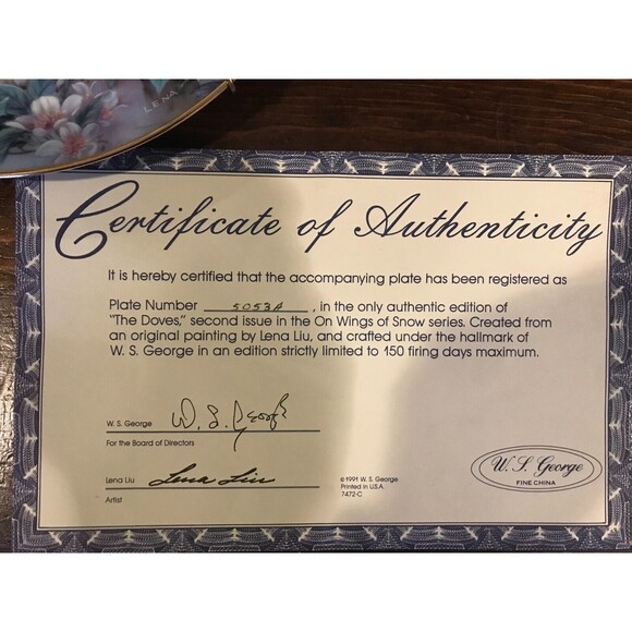 The Doves Lena Liu 1991 On Wings Of Snow Plate #2 Gold Rim with COA - Picture 4 of 5